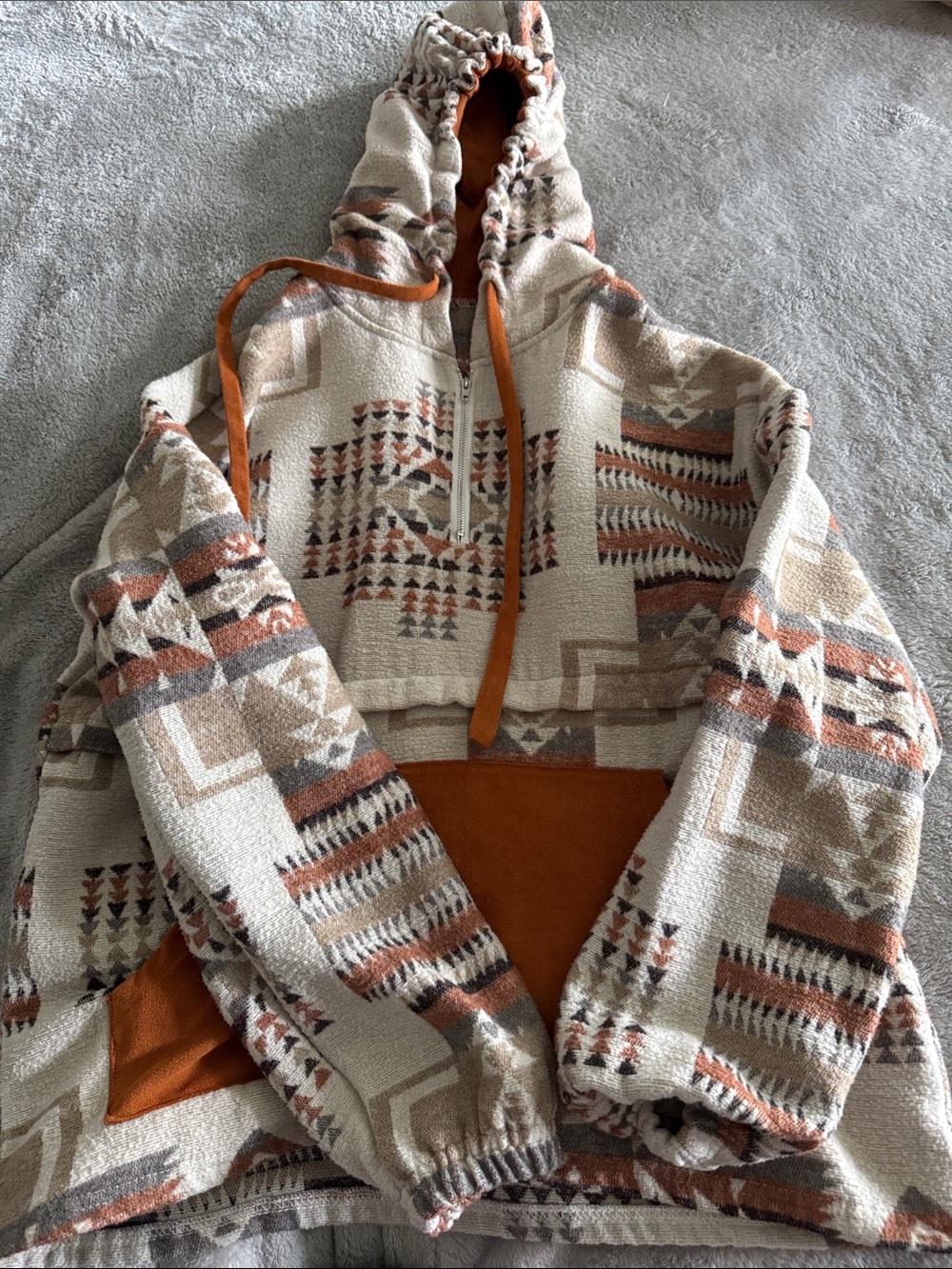 Cozy Aztec Print Half-Zip Hooded Pullover - Rust & Cream